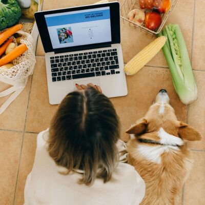 Overhead view of a woman and her corgi browsing online grocery shopping on a laptop.