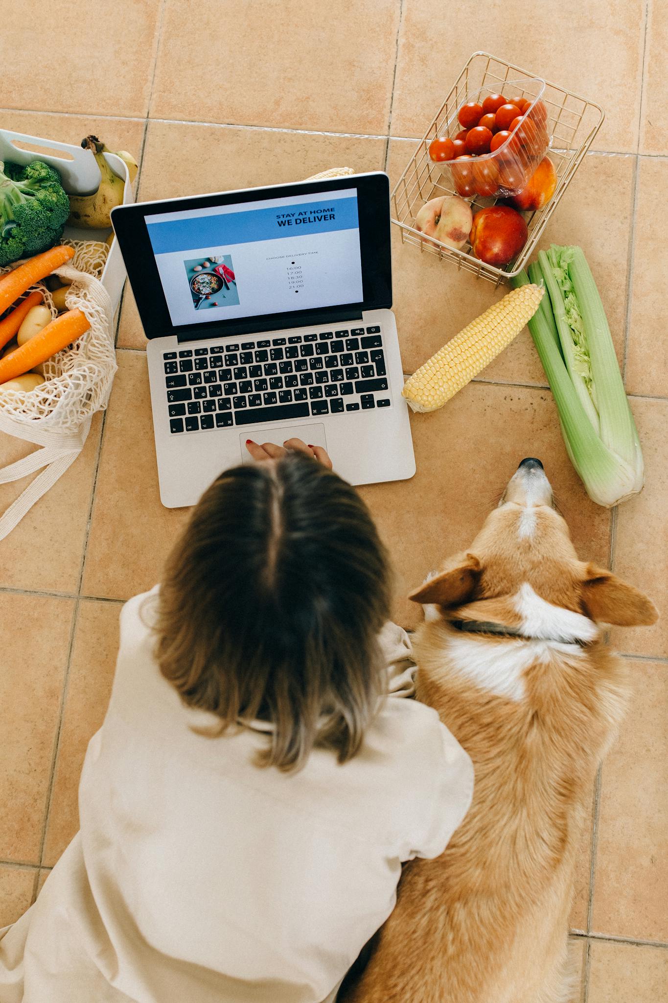 Overhead view of a woman and her corgi browsing online grocery shopping on a laptop.