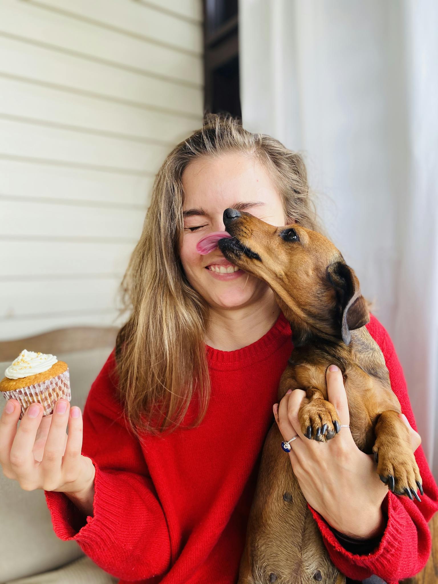 Woman in red sweater enjoying lighthearted moment with her dachshund and cupcake.