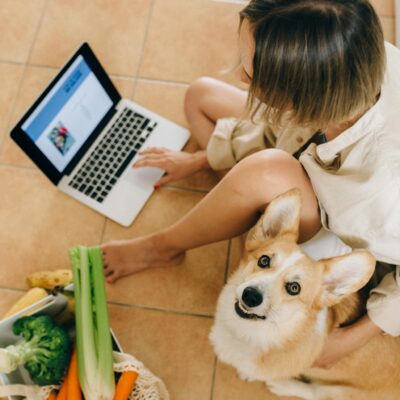 Photo by Nataliya Vaitkevich Woman sits with corgi and laptop, surrounded by groceries, browsing online at home.